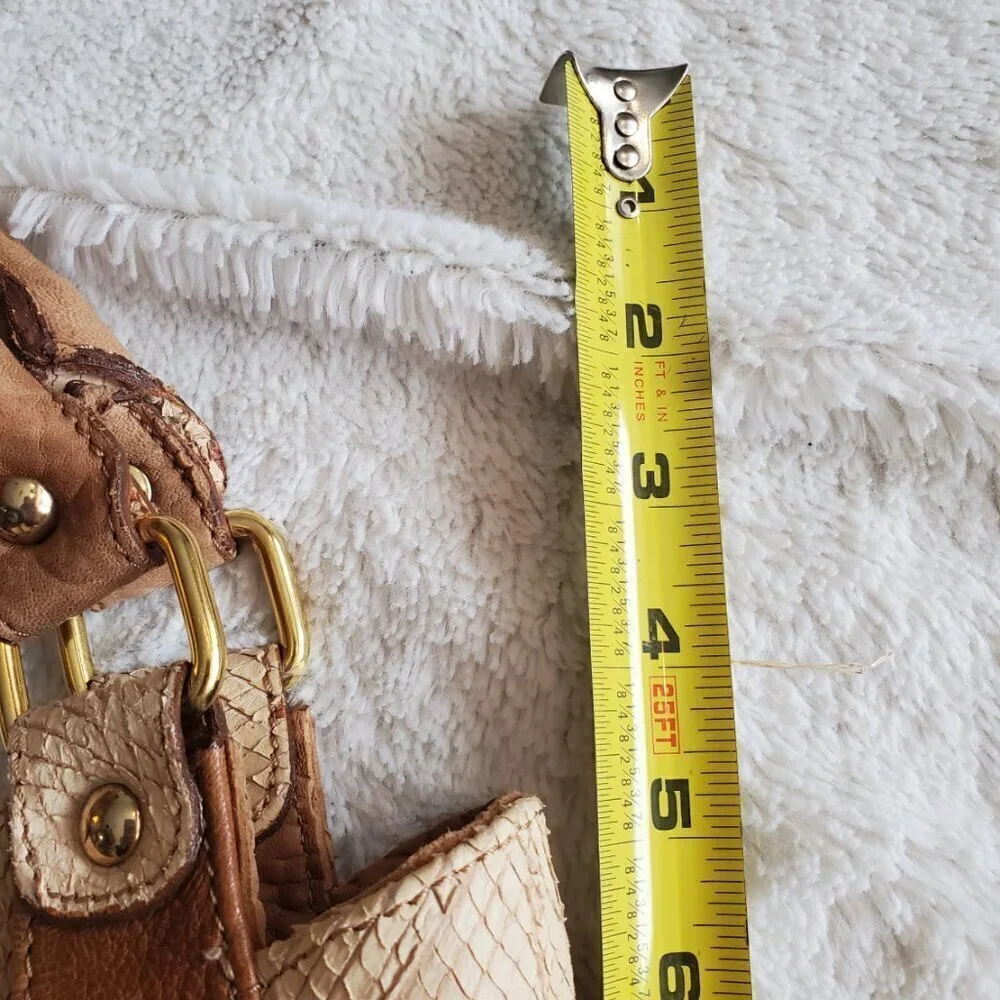 Tan Leather and Snakeskin Embossed Hobo Bag with Bamboo Toggle and Studs